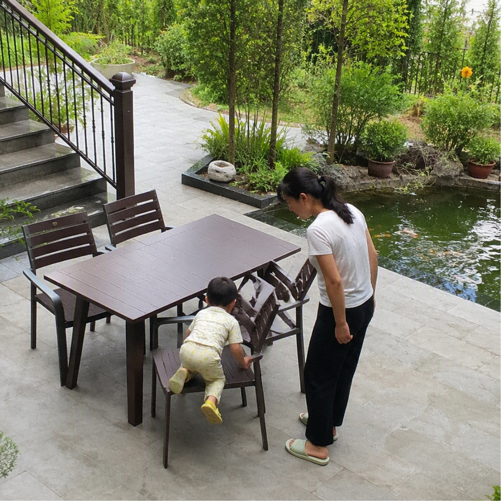 Với gia đình có trẻ nhỏ, nên ưu tiên bàn ghế an toàn và tránh đặt gần lan can, bậc thềm hoặc hồ nước.