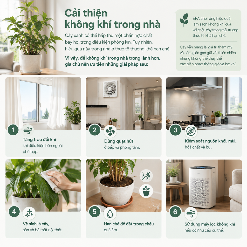 Cây cảnh có thể làm không gian dễ chịu hơn về mặt thị giác và cảm nhận, nhưng không nên được xem là thiết bị lọc không khí