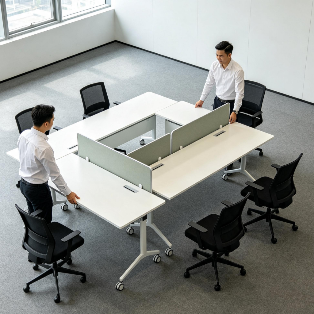 Bàn ghế cần khóa bánh chắc chắn, vách di động dễ dùng và vật liệu, màu sắc đồng bộ