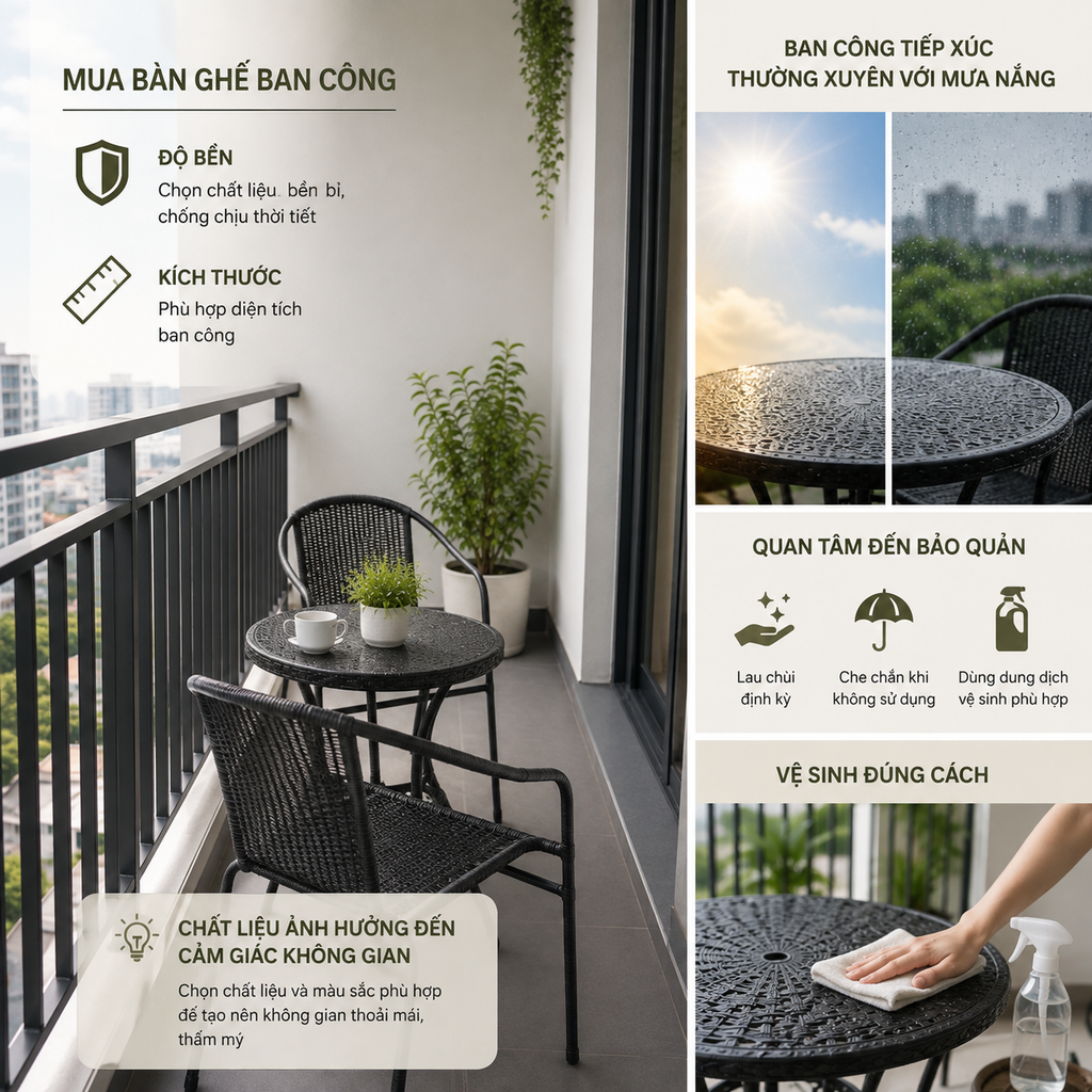 Nếu ban công thường xuyên tiếp xúc với mưa nắng, người dùng cần quan tâm đến việc bảo quản và vệ sinh