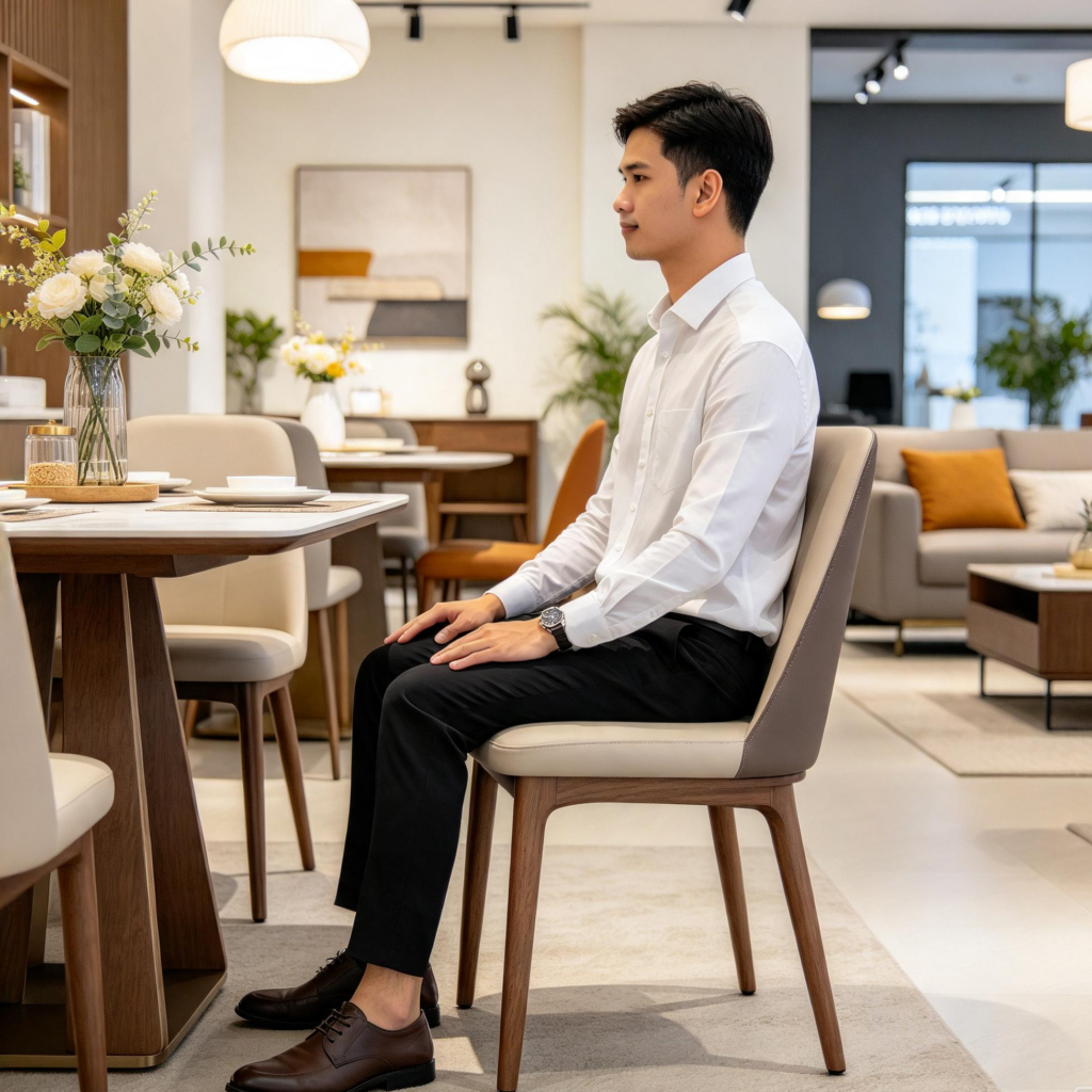 Khi chọn ghế ăn, hãy chú ý chiều cao, độ sâu, góc tựa lưng và độ phù hợp với cơ thể