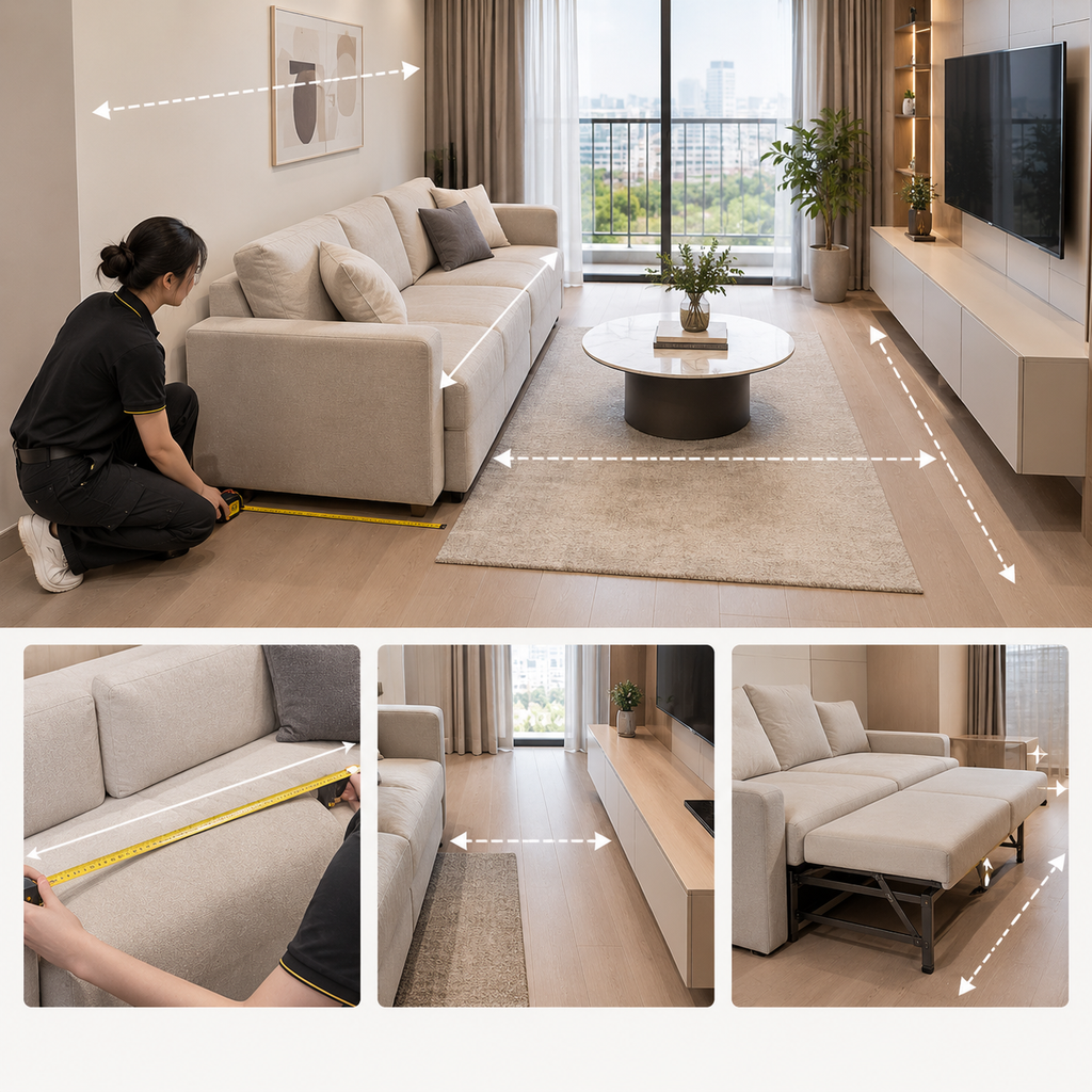 Một bộ sofa phù hợp không chỉ vừa với diện tích sàn mà còn phải giữ được lối đi và khoảng thở cho căn phòng